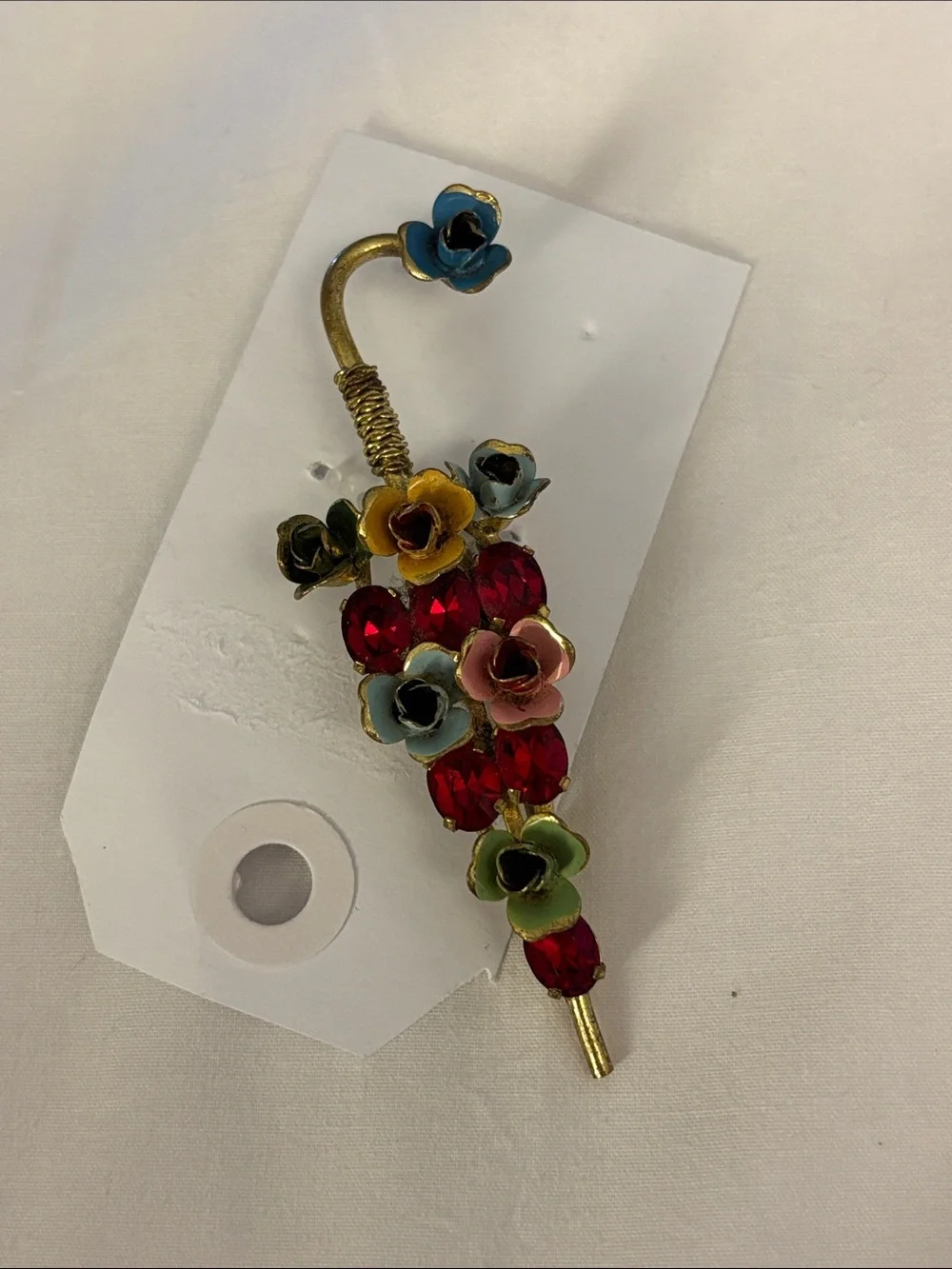 Vintage Enamel Umbrella Brooch Pin Red Rhinestone Floral Metal
